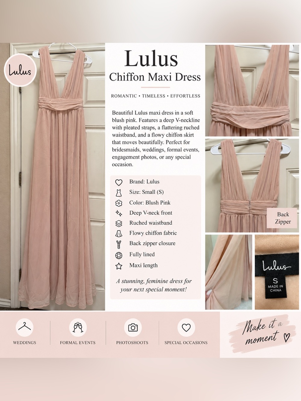 Lulus Blush Pink Chiffon V-Neck Maxi Bridesmaid Formal Dress Size S